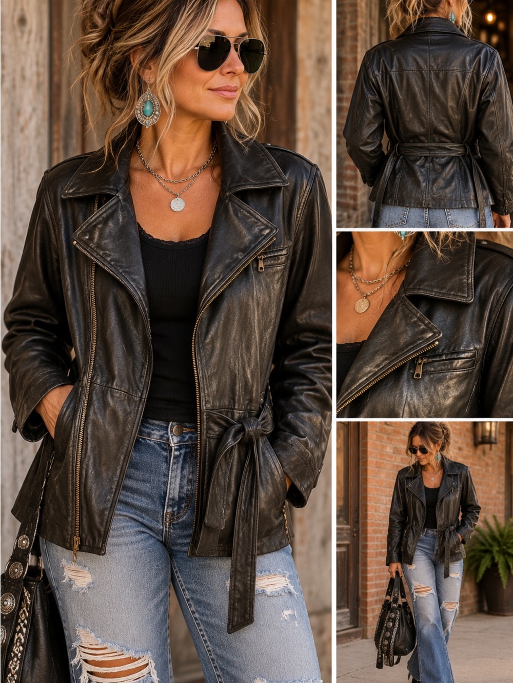 Valerie Stevens Black Genuine Lamb Leather Belted Jacket